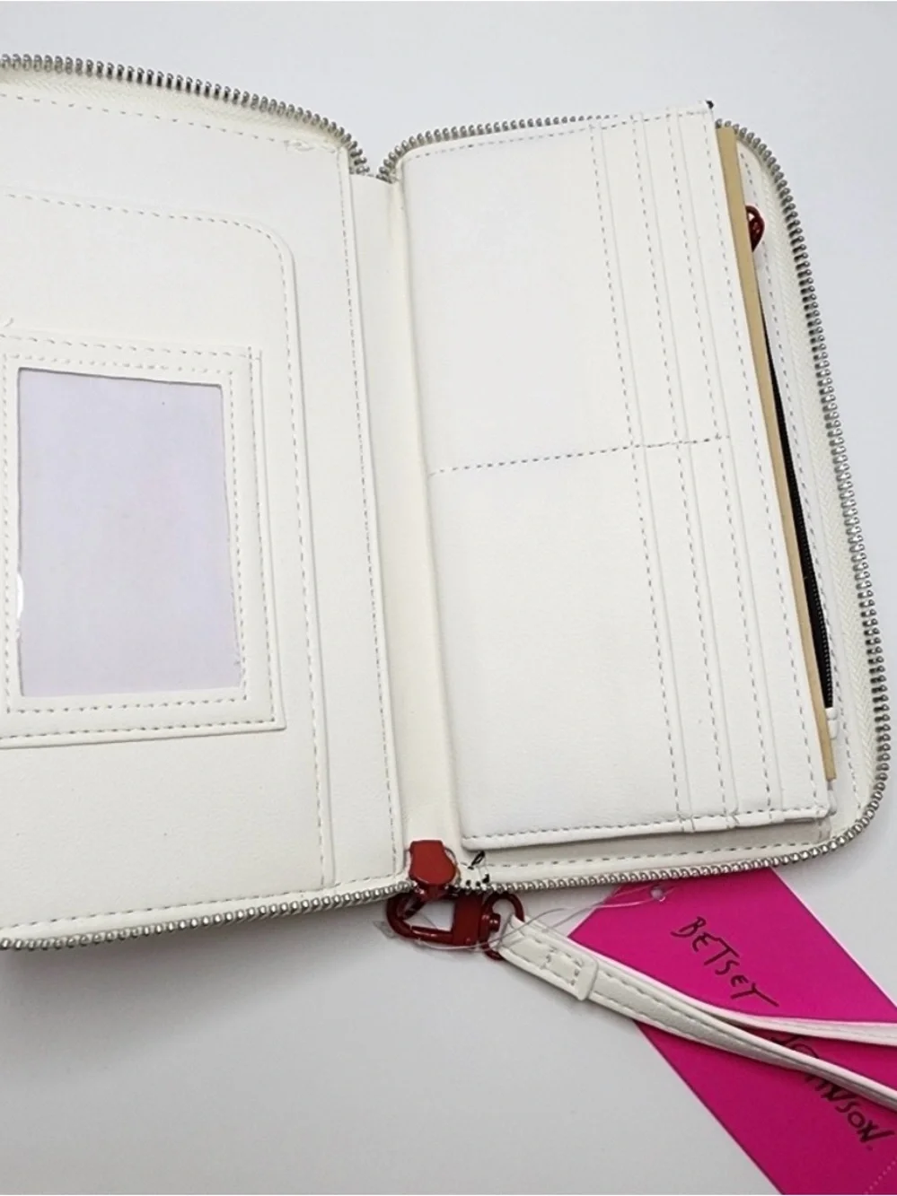 Betsey Johnson White Zip Around Studded Wallet with Red Heart Studs Wristlet